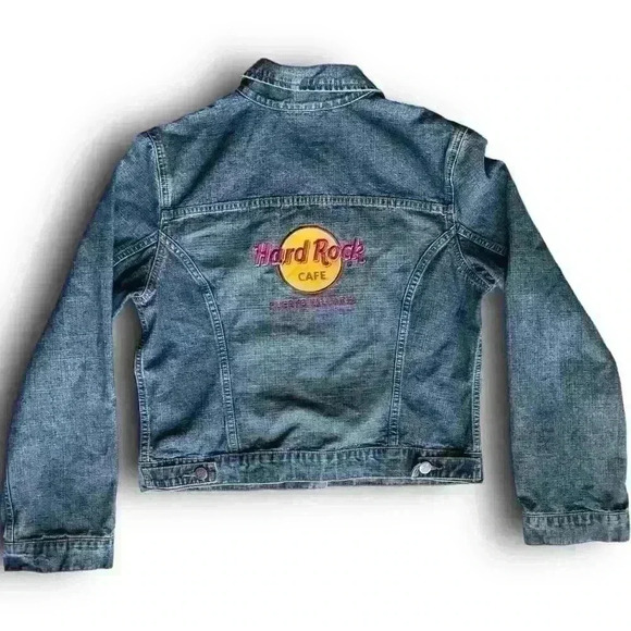 Vintage Hard Rock Cafe 90s Jean Jacket Puerto Vallarta Short Denim Biker L Retro - Picture 1 of 8